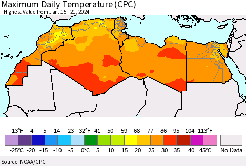 North Africa Maximum Daily Temperature (CPC) Thematic Map For 1/15/2024 - 1/21/2024