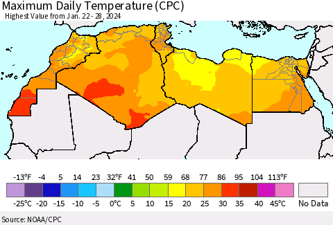 North Africa Maximum Daily Temperature (CPC) Thematic Map For 1/22/2024 - 1/28/2024
