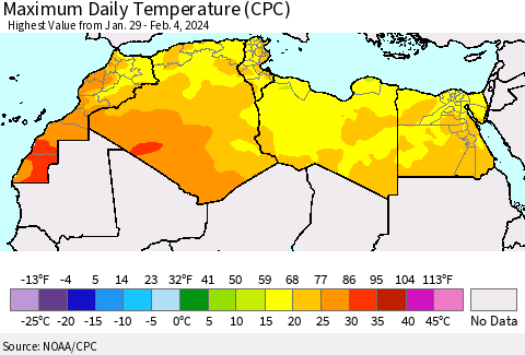 North Africa Maximum Daily Temperature (CPC) Thematic Map For 1/29/2024 - 2/4/2024