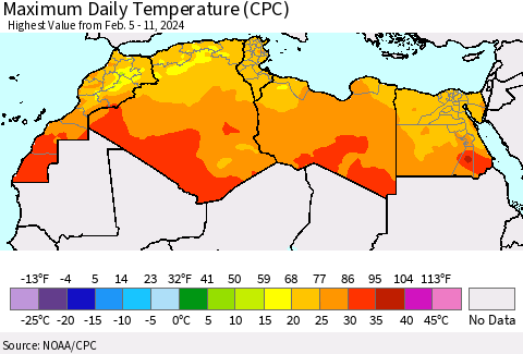 North Africa Maximum Daily Temperature (CPC) Thematic Map For 2/5/2024 - 2/11/2024
