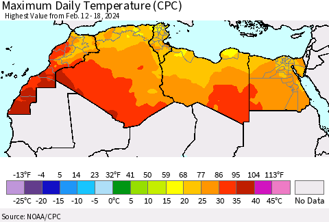 North Africa Maximum Daily Temperature (CPC) Thematic Map For 2/12/2024 - 2/18/2024