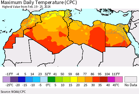 North Africa Maximum Daily Temperature (CPC) Thematic Map For 2/19/2024 - 2/25/2024
