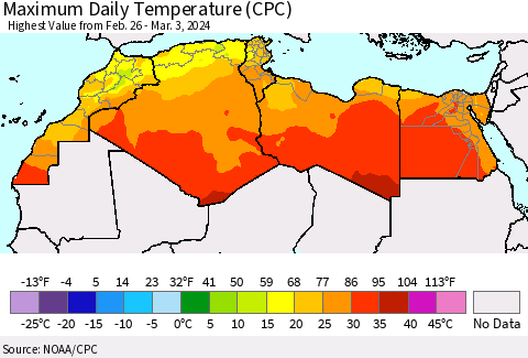 North Africa Maximum Daily Temperature (CPC) Thematic Map For 2/26/2024 - 3/3/2024