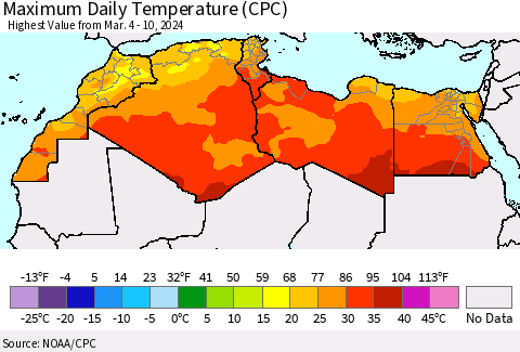 North Africa Maximum Daily Temperature (CPC) Thematic Map For 3/4/2024 - 3/10/2024