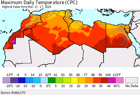 North Africa Maximum Daily Temperature (CPC) Thematic Map For 3/11/2024 - 3/17/2024