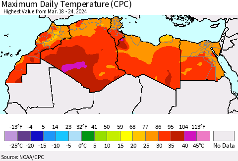 North Africa Maximum Daily Temperature (CPC) Thematic Map For 3/18/2024 - 3/24/2024