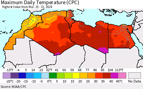 North Africa Maximum Daily Temperature (CPC) Thematic Map For 3/25/2024 - 3/31/2024