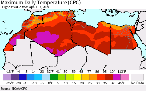 North Africa Maximum Daily Temperature (CPC) Thematic Map For 4/1/2024 - 4/7/2024