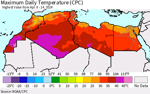 North Africa Maximum Daily Temperature (CPC) Thematic Map For 4/8/2024 - 4/14/2024