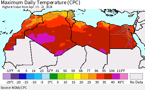 North Africa Maximum Daily Temperature (CPC) Thematic Map For 4/15/2024 - 4/21/2024