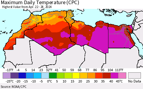 North Africa Maximum Daily Temperature (CPC) Thematic Map For 4/22/2024 - 4/28/2024