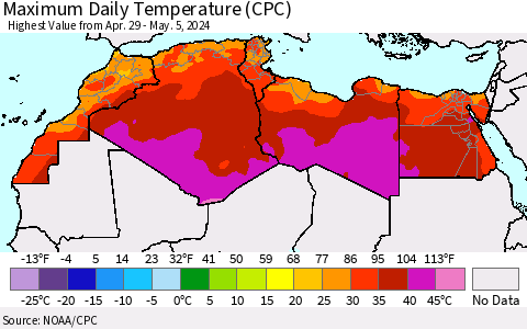 North Africa Maximum Daily Temperature (CPC) Thematic Map For 4/29/2024 - 5/5/2024