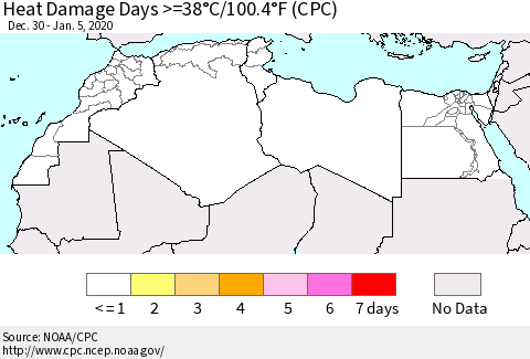 North Africa Heat Damage Days >=38°C/100°F (CPC) Thematic Map For 12/30/2019 - 1/5/2020