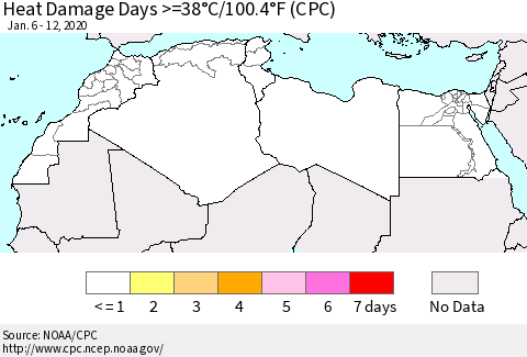 North Africa Heat Damage Days >=38°C/100°F (CPC) Thematic Map For 1/6/2020 - 1/12/2020