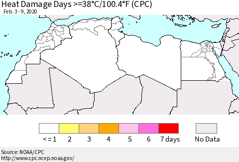 North Africa Heat Damage Days >=38°C/100°F (CPC) Thematic Map For 2/3/2020 - 2/9/2020