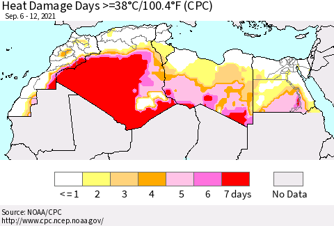 North Africa Heat Damage Days >=38°C/100°F (CPC) Thematic Map For 9/6/2021 - 9/12/2021