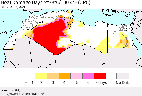 North Africa Heat Damage Days >=38°C/100°F (CPC) Thematic Map For 9/13/2021 - 9/19/2021