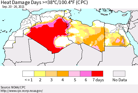North Africa Heat Damage Days >=38°C/100°F (CPC) Thematic Map For 9/20/2021 - 9/26/2021