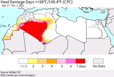 North Africa Heat Damage Days >=38°C/100°F (CPC) Thematic Map For 9/27/2021 - 10/3/2021