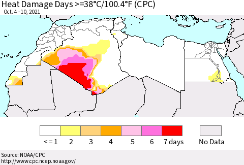 North Africa Heat Damage Days >=38°C/100°F (CPC) Thematic Map For 10/4/2021 - 10/10/2021