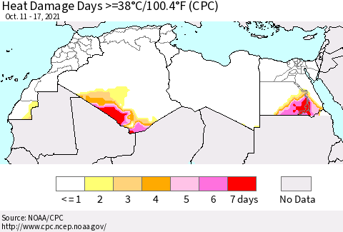 North Africa Heat Damage Days >=38°C/100°F (CPC) Thematic Map For 10/11/2021 - 10/17/2021