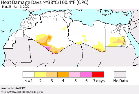 North Africa Heat Damage Days >=38°C/100°F (CPC) Thematic Map For 3/28/2022 - 4/3/2022