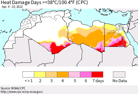 North Africa Heat Damage Days >=38°C/100°F (CPC) Thematic Map For 4/4/2022 - 4/10/2022