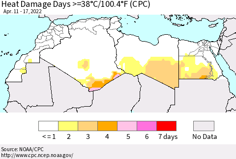 North Africa Heat Damage Days >=38°C/100°F (CPC) Thematic Map For 4/11/2022 - 4/17/2022