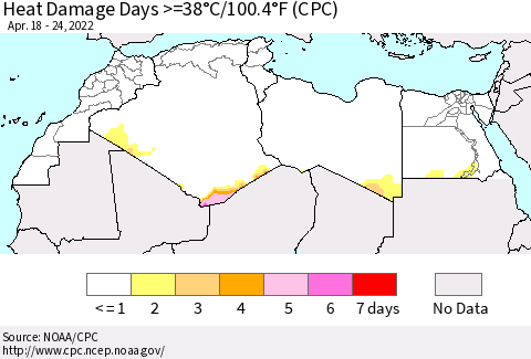 North Africa Heat Damage Days >=38°C/100°F (CPC) Thematic Map For 4/18/2022 - 4/24/2022