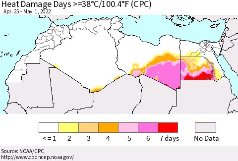 North Africa Heat Damage Days >=38°C/100°F (CPC) Thematic Map For 4/25/2022 - 5/1/2022