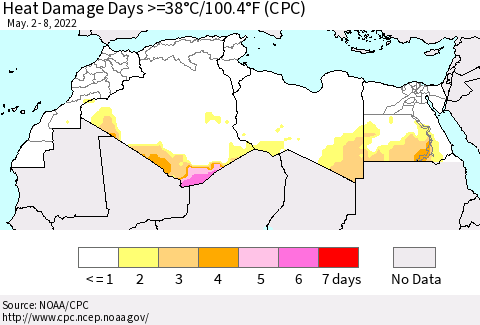 North Africa Heat Damage Days >=38°C/100°F (CPC) Thematic Map For 5/2/2022 - 5/8/2022
