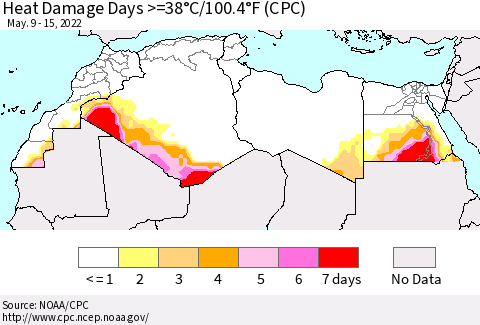 North Africa Heat Damage Days >=38°C/100°F (CPC) Thematic Map For 5/9/2022 - 5/15/2022