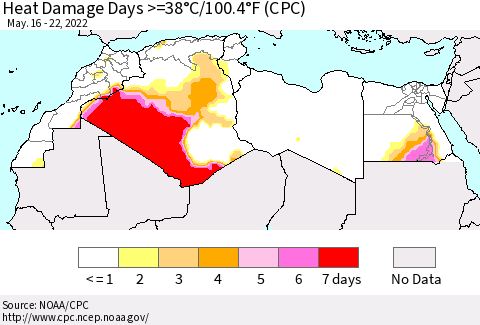 North Africa Heat Damage Days >=38°C/100°F (CPC) Thematic Map For 5/16/2022 - 5/22/2022