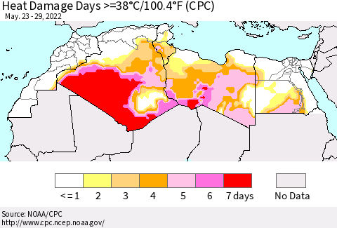 North Africa Heat Damage Days >=38°C/100°F (CPC) Thematic Map For 5/23/2022 - 5/29/2022