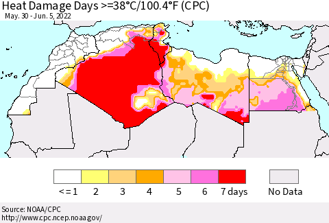 North Africa Heat Damage Days >=38°C/100°F (CPC) Thematic Map For 5/30/2022 - 6/5/2022