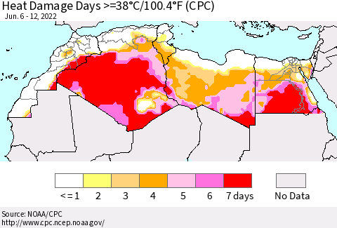 North Africa Heat Damage Days >=38°C/100°F (CPC) Thematic Map For 6/6/2022 - 6/12/2022