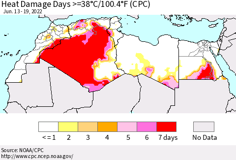 North Africa Heat Damage Days >=38°C/100°F (CPC) Thematic Map For 6/13/2022 - 6/19/2022