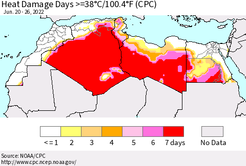 North Africa Heat Damage Days >=38°C/100°F (CPC) Thematic Map For 6/20/2022 - 6/26/2022