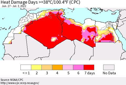 North Africa Heat Damage Days >=38°C/100°F (CPC) Thematic Map For 6/27/2022 - 7/3/2022
