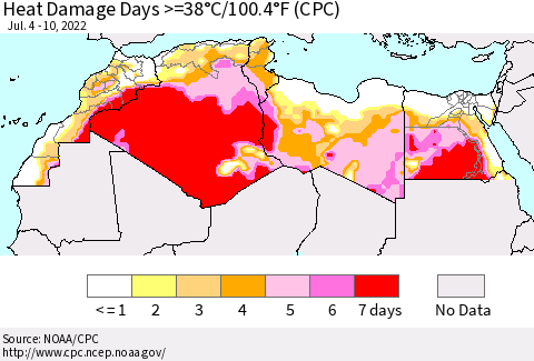 North Africa Heat Damage Days >=38°C/100°F (CPC) Thematic Map For 7/4/2022 - 7/10/2022