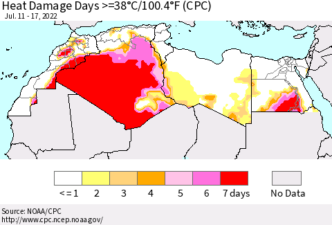 North Africa Heat Damage Days >=38°C/100°F (CPC) Thematic Map For 7/11/2022 - 7/17/2022
