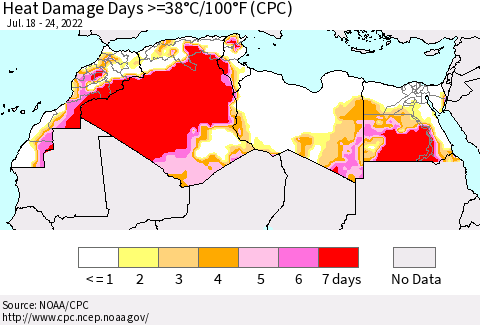 North Africa Heat Damage Days >=38°C/100°F (CPC) Thematic Map For 7/18/2022 - 7/24/2022