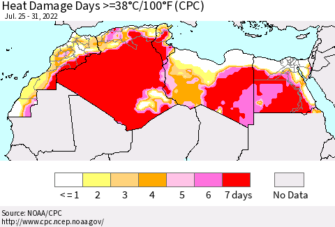 North Africa Heat Damage Days >=38°C/100°F (CPC) Thematic Map For 7/25/2022 - 7/31/2022