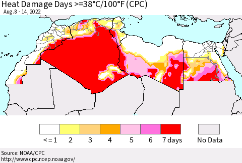 North Africa Heat Damage Days >=38°C/100°F (CPC) Thematic Map For 8/8/2022 - 8/14/2022