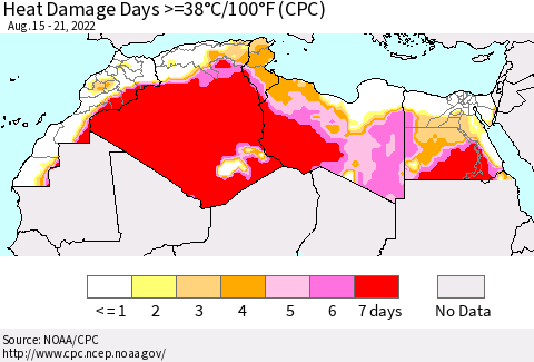 North Africa Heat Damage Days >=38°C/100°F (CPC) Thematic Map For 8/15/2022 - 8/21/2022