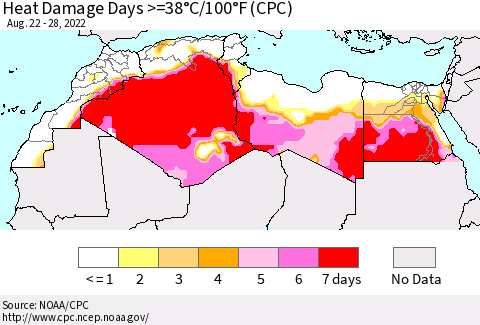 North Africa Heat Damage Days >=38°C/100°F (CPC) Thematic Map For 8/22/2022 - 8/28/2022