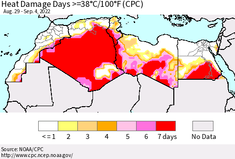 North Africa Heat Damage Days >=38°C/100°F (CPC) Thematic Map For 8/29/2022 - 9/4/2022