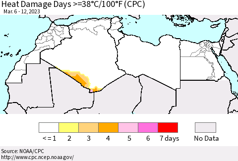 North Africa Heat Damage Days >=38°C/100°F (CPC) Thematic Map For 3/6/2023 - 3/12/2023