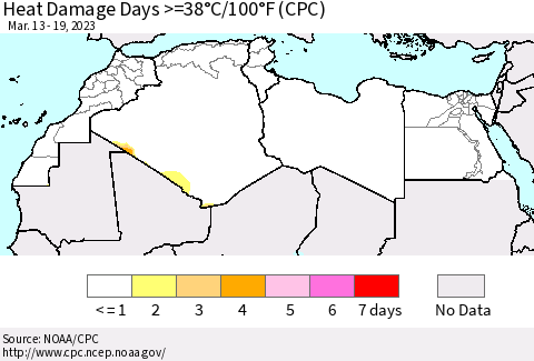 North Africa Heat Damage Days >=38°C/100°F (CPC) Thematic Map For 3/13/2023 - 3/19/2023