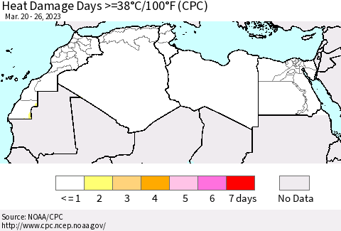 North Africa Heat Damage Days >=38°C/100°F (CPC) Thematic Map For 3/20/2023 - 3/26/2023